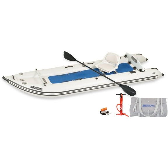 Sea Eagle 437ps PaddleSki Inflatable 1-2 Person Catamaran Boat – Paddle, Motor, Fish, or Sail – 4-in-1 Inflatable Watercraft – Self Bailing - Start Up Package