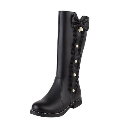 

Ladies Cute Fashion Bow Solid Color Flat Round Toe Square Heel Middle Long Student Style Boots