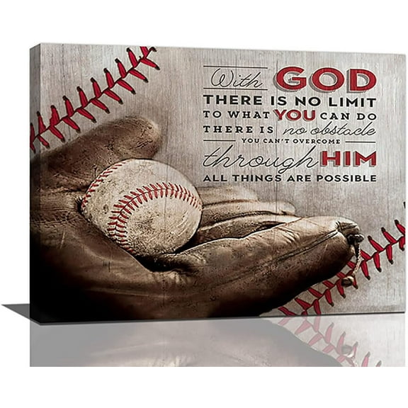 Baseball Poster Wall Art Boy Men Room Inspirational God Quotes Poster Sports Wall Decor Rustic Picture Canvas Prints Framed Modern Artwork for Home Living Room Bedroom Gym Playroom 16"x12"