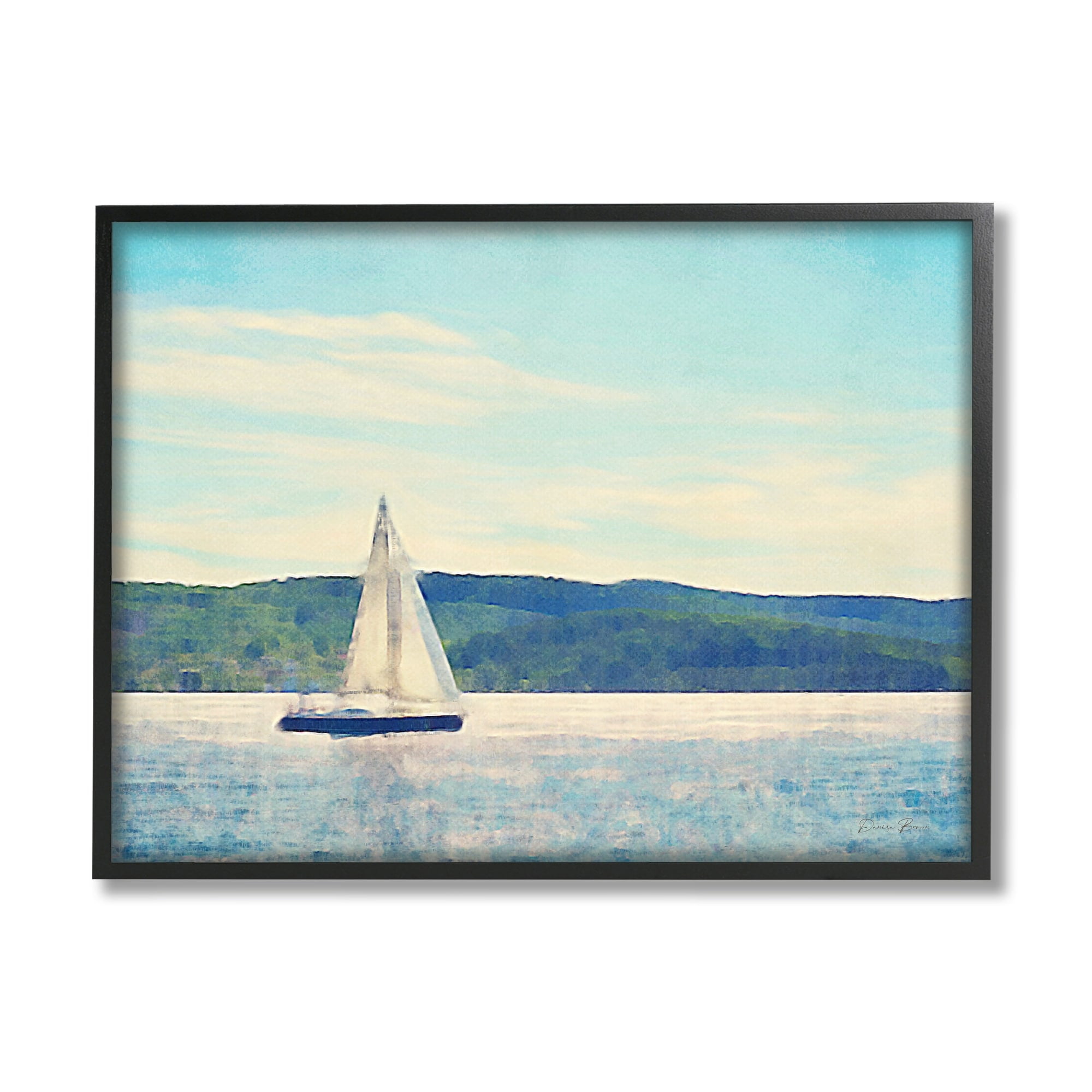 Stupell Industries Serene Summer Sailboat Drifting Ocean Hills Design Paintings White Framed Art Print Wall Art, 14x11, by Denise Brown