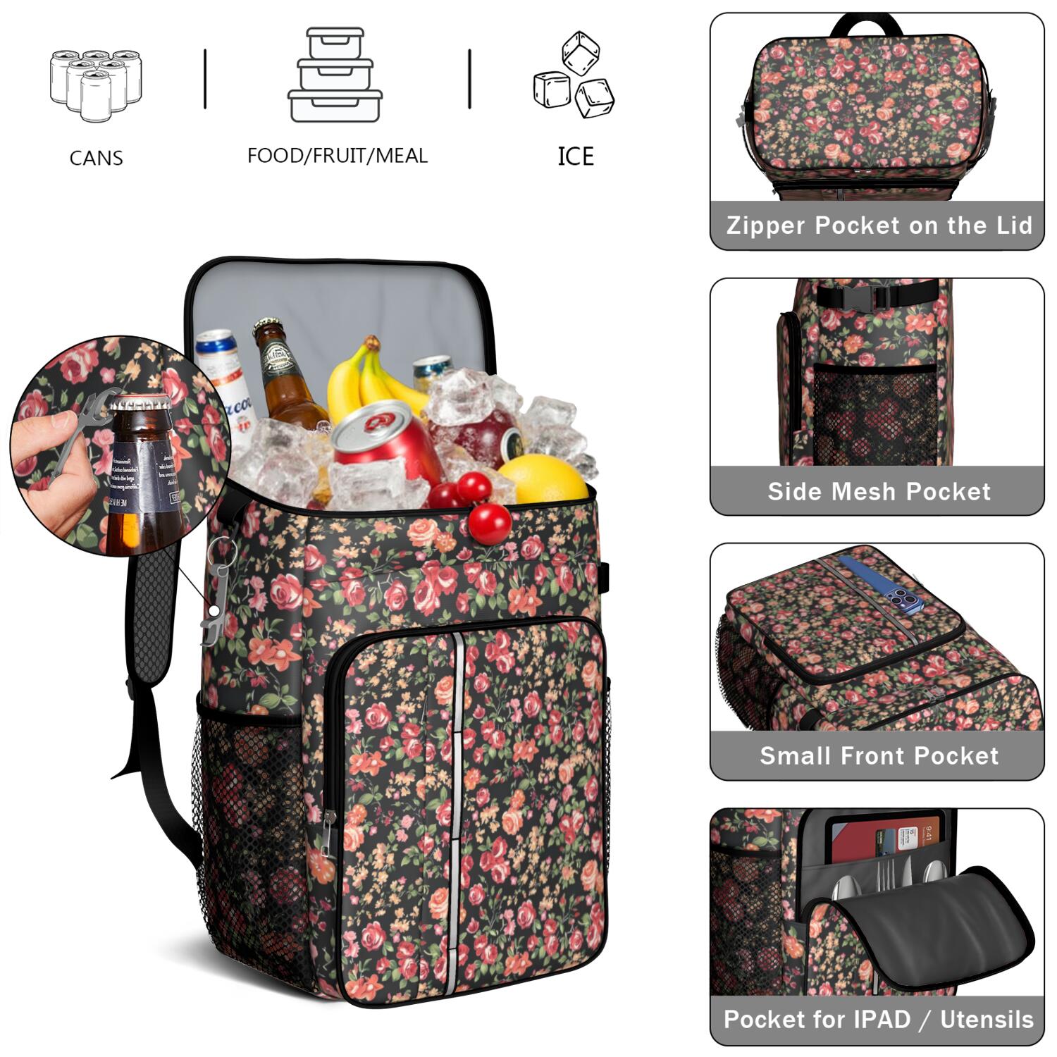 Travel Cooler Bag - Pioneer Flower Floral Print Pattern Camping Beer Cooler Backpack with Bottle Opener- Waterproof Insulated Picnic Backpacks - Cooler Bag for Beach