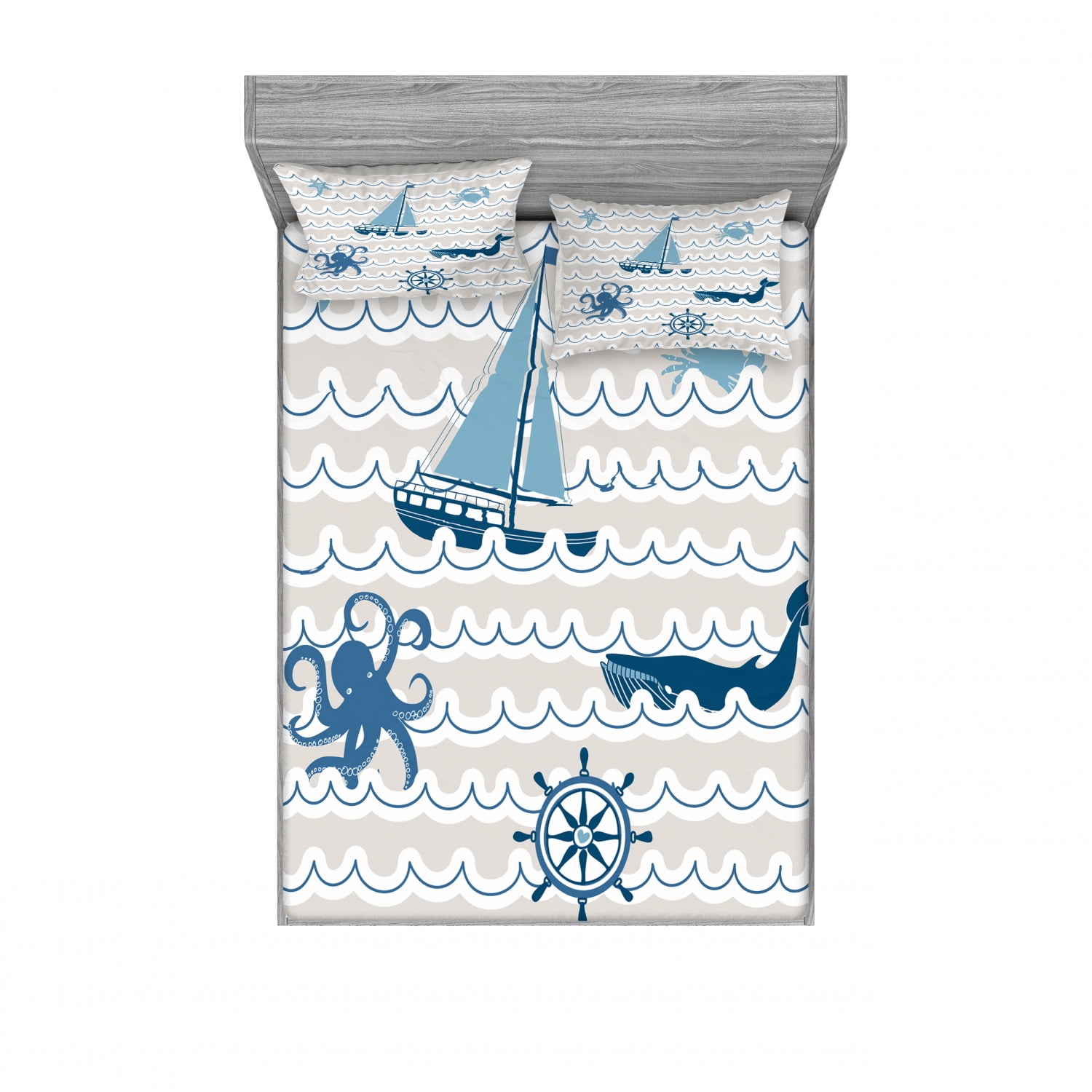 Nautical Bedding Set with Sheet & Covers, Wave Pattern Marine Elements