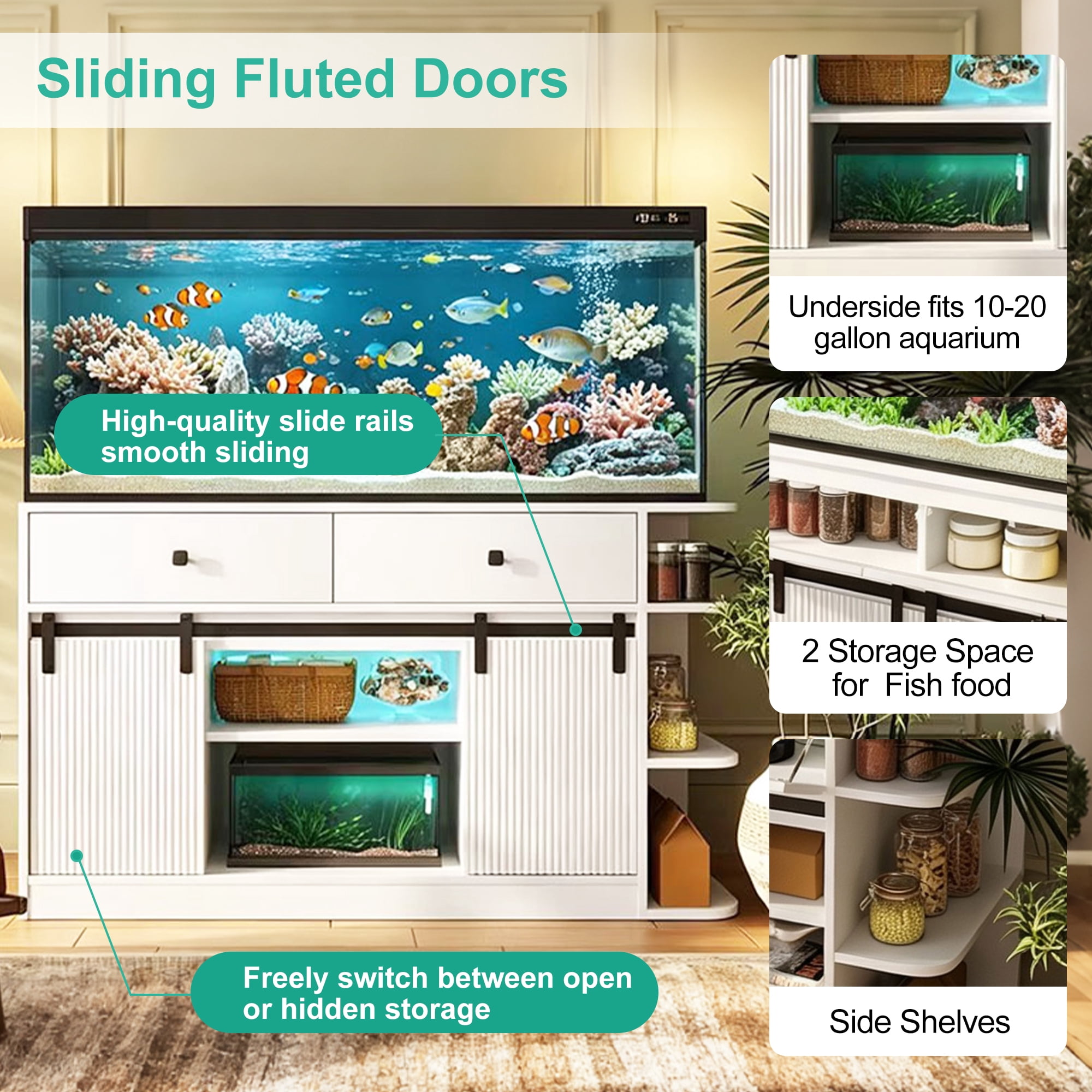 Mintazer 55-75 Gallon Fish Tank Stand with LED Light & Charging Station, 55" Aquarium Stand with Storage & Sliding Doors, Heavy Duty Tank Stand for 2 Fish Tank Terrarium, 1200lbs, White