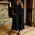 thumbnail image 6 of Women's Cotton Linen Midi Dress Summer Solid Color V‑Neck Ruffle Cap Sleeve Loose Dress with Dual Side Pockets Black S(S), 6 of 6