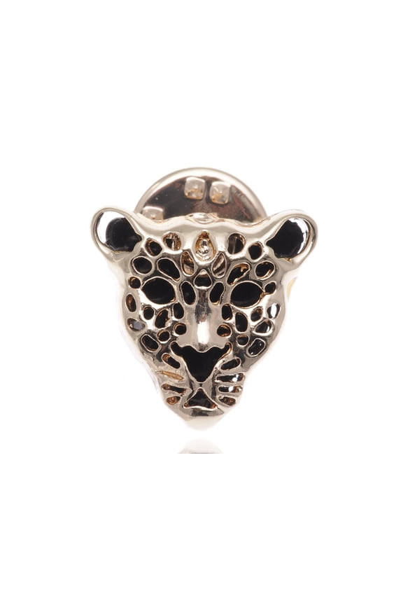 Contemporary Inspired Golden Tone Black Enamel Leopard Face Fashion Brooch