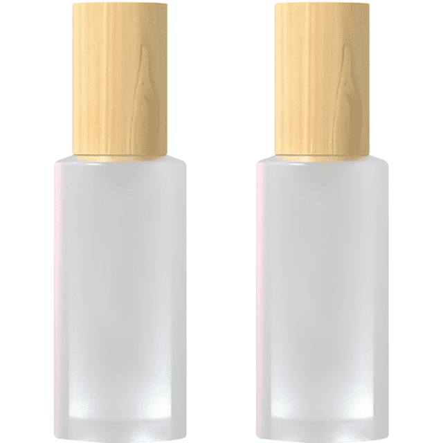 2PcsFrosted Glass Lotion Pump Bottle With Wood Grain Cover,Refillable Empty Cosmetic Containers Travel Makeup Pump Dispenser Bottles For Foundation Liquid Essence Moisturizers