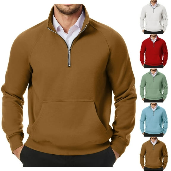 Drindf Men's Quarter Zip Sweatshirts Warm Fleece Lined Shirts Loose Fit Long Sleeve Sweatshirt Solio Color Thicken Pullover Trendy Stand Collar Tops