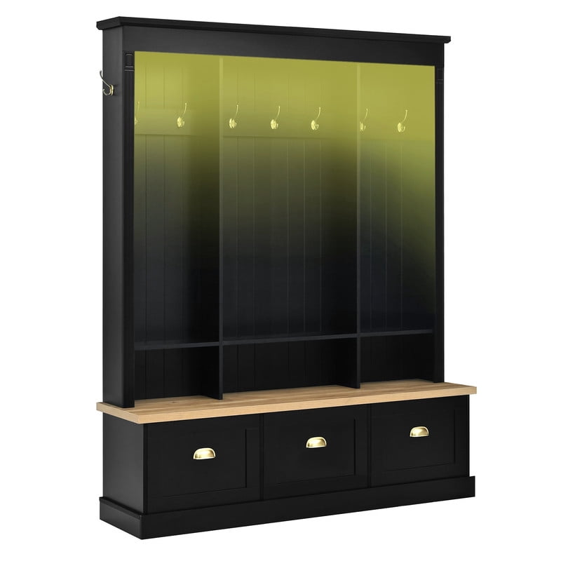 Elegant LED Lighted Hall Tree with 9 Hooks, Entryway Bench with 3 Storage Cabinets and Shelves, Farmhouse Coat Rack Mudroom Organizer with APP Controlled RGB Lighting