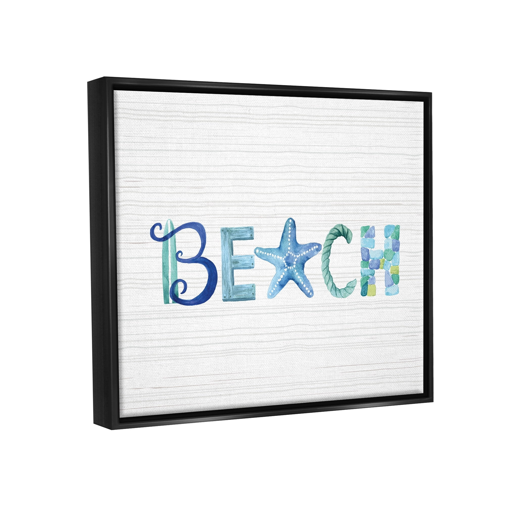 Stupell Industries Beach Letters Typography Sea Life Pebbles Rope Graphic Art Jet Black Floating Framed Canvas Print Wall Art, Design by Sharon Lee