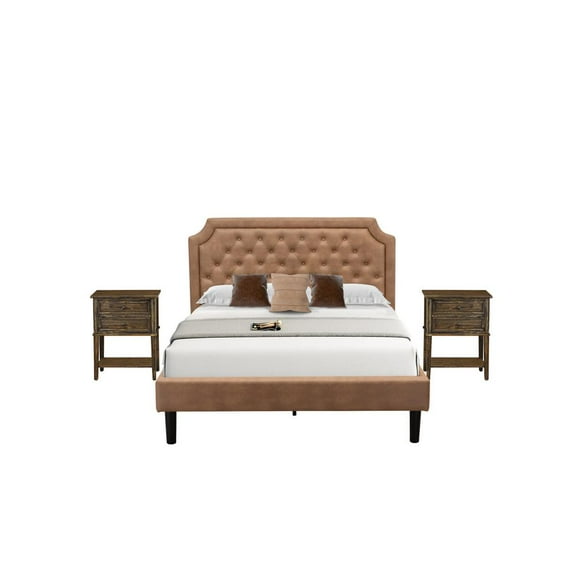 East West Furniture GB28Q-2VL07 3-Piece Bed Set with Frame and 2 Distressed Jacobean Modern Night Stands - Brown Faux Leather and Black Legs