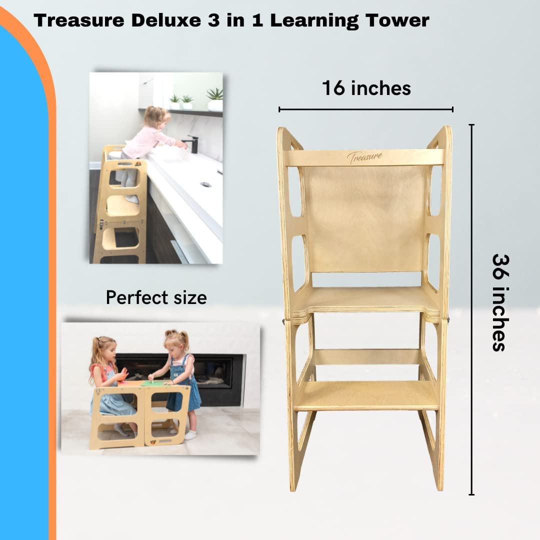 3-in-1 Toddler Tower & Weaning Table With Chalkboard - Adjustable Wooden Kitchen Step Stool, Montessori Learning Tower (Natural Birch)