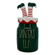 Rae Dunn Santa's Elf Cookie Jar with Elf Legs Lid 10 Inch Green