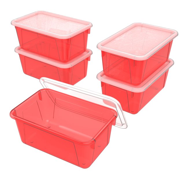 Storex Petite Boîte de Rangement avec Couvercle, Rouge Teinté, Lot de 5