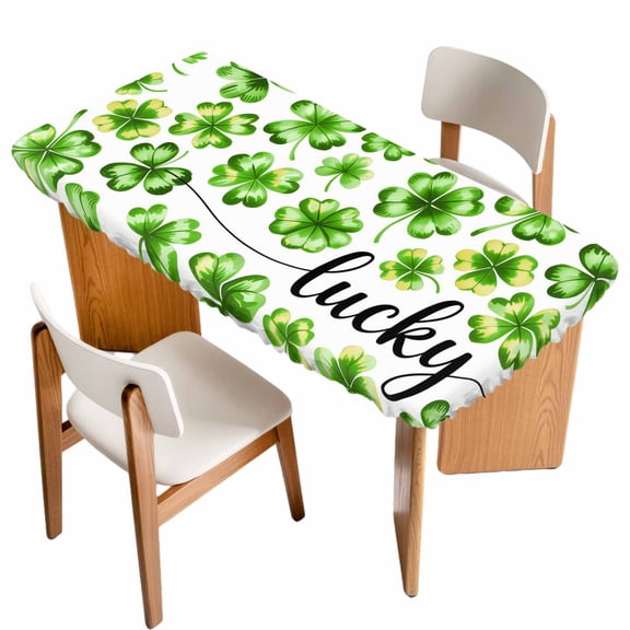 St Patrick's Day Table Cloths for 4 Foot Rectangle Tables, Lucky Shamrock Leaf Plants Spring Green Patio Waterproof Elastic Fitted Tablecloths, Washable Rectangular Table Cover for Camping