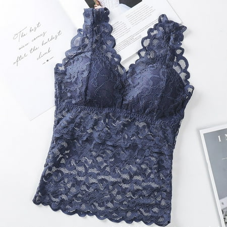 

HRSR Women s Lace Camisole Bra Lingerie Sports Bras Knitted Pattern Stretch Removable(Dark Blue 3XL)
