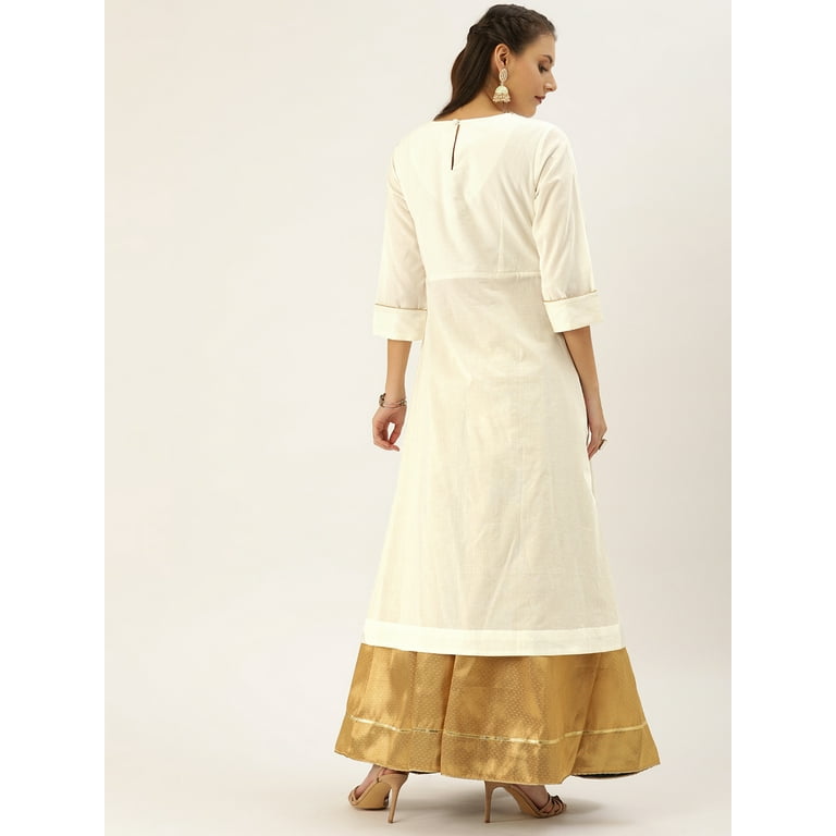 House of Pataudi By Myntra Women Indian Kurta Round Neck Off White Women Kurta Dress Floral Embroidered Kurta Ready To Wear Cotton Calf Length