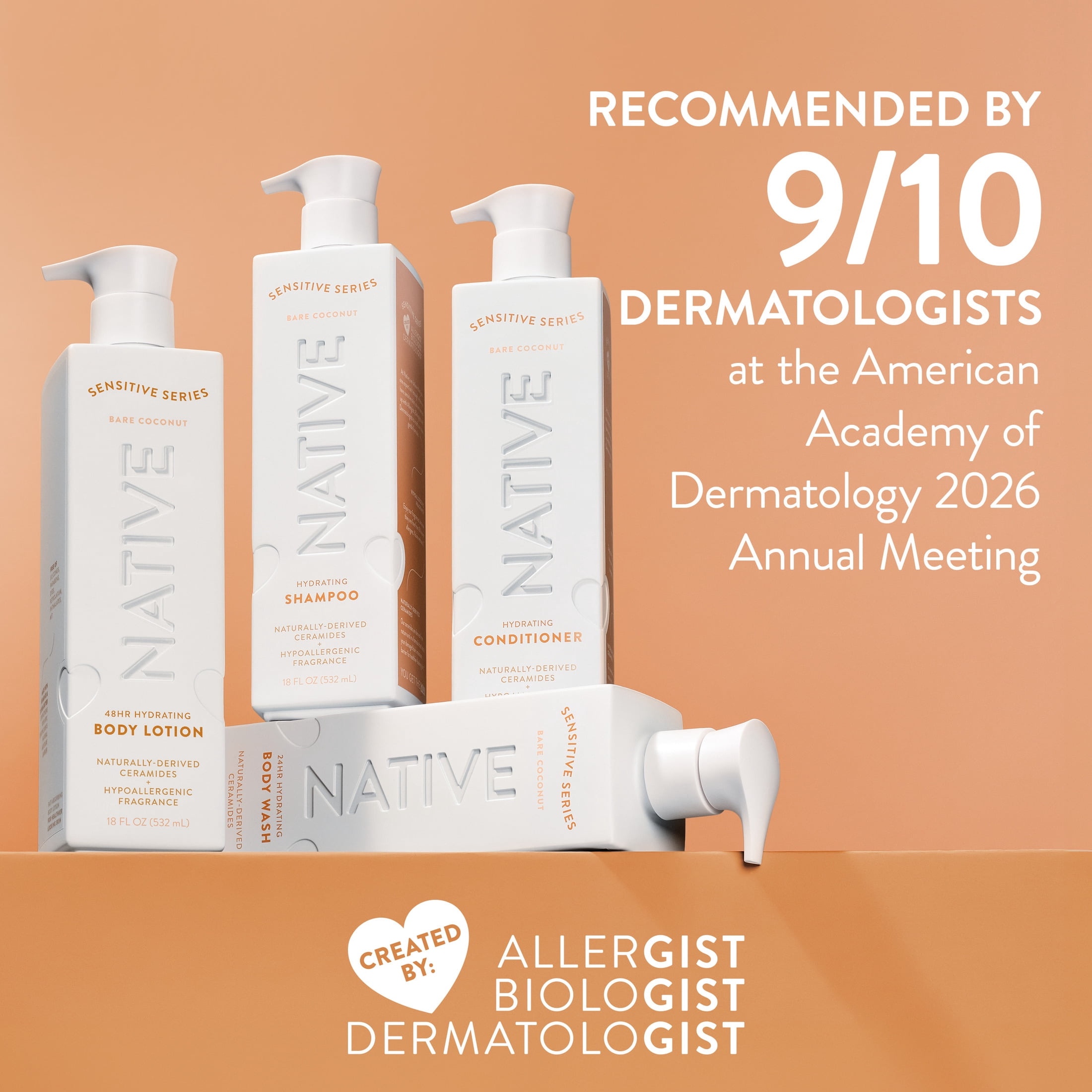 Native Body Wash, Sensitive Series, Hypoallergenic Fragrance, 24-Hour Hydrating, Bare Coconut, 18 fl oz