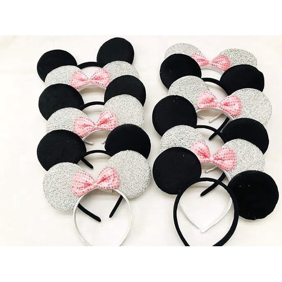 Set of 12 Minnie Ears, Disney Ears, Mickey Ears, Disney Theme Party, Boys and Girls One Size Fits All (6 Black w/Red Bow & 6 Black Sequin)