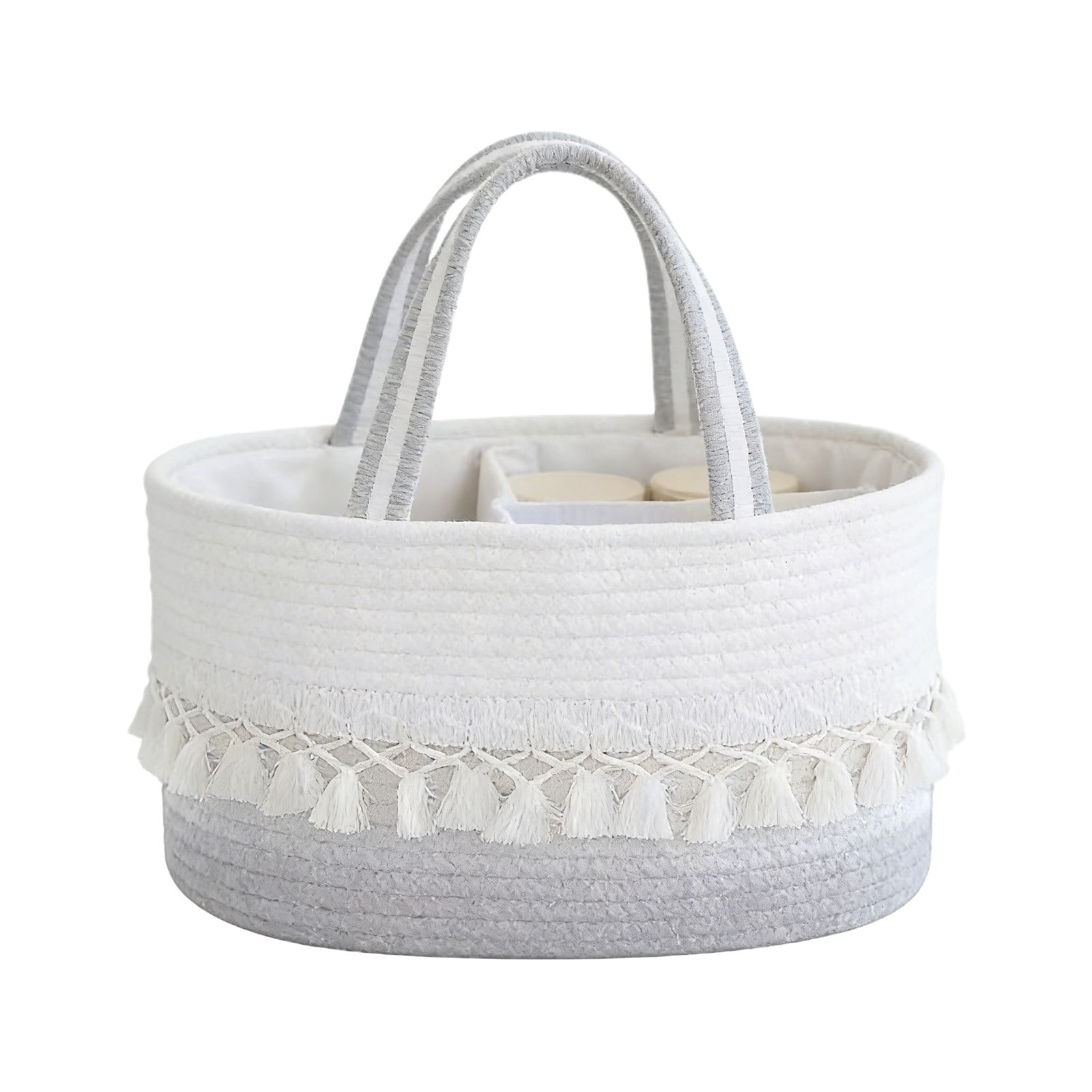 Woven Cotton Rope Storage Basket with Handles, Removable Divider Toy Organizer for Nursery, Boho Tassel Decor, Gray 14"