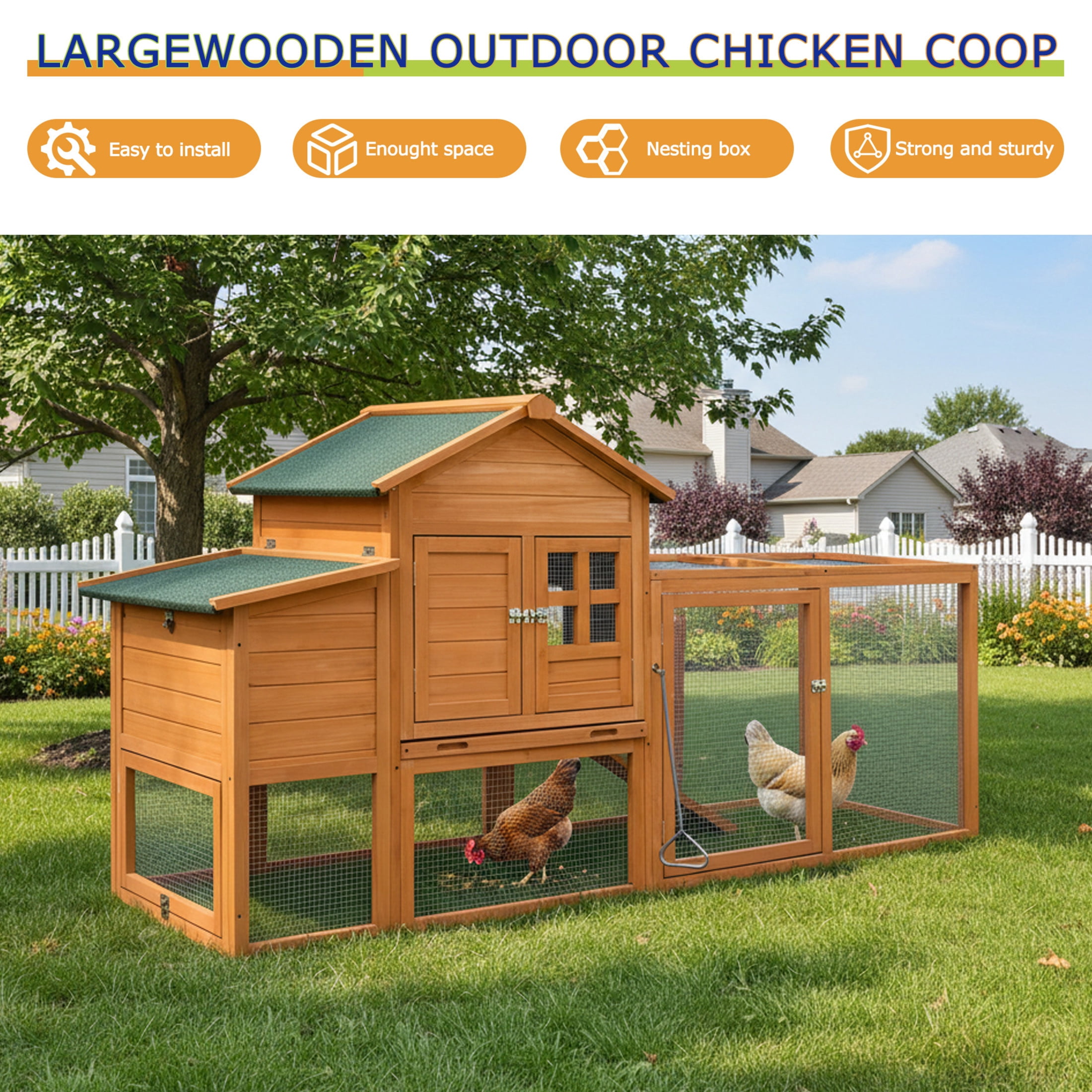 Noble House 80" Outdoor Chicken Coop, Deluxe Wooden Poultry Hutch with Nesting Box and Removable Tray, Natural