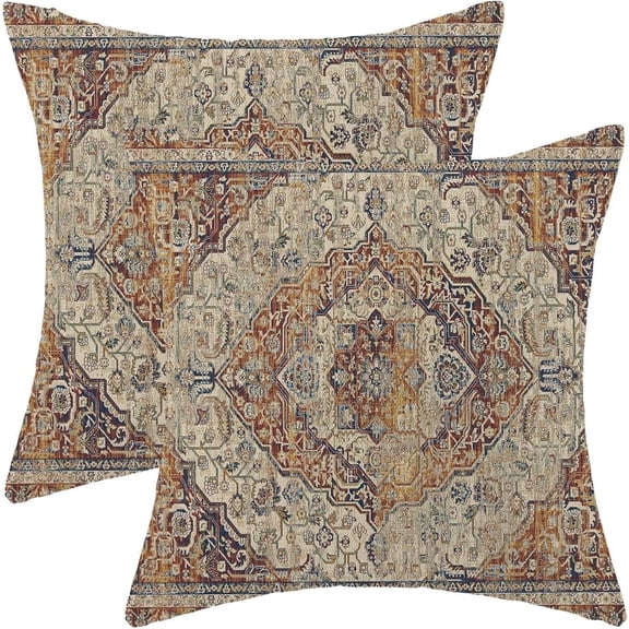 Boho Pillow Covers 18x18 Inch Set of 2, Boho Brown Retro Linen Decorative Throw Pillowcase Bohemian Carpet Vintage Pattern Outdoor Farmhouse Cushion Cover for Sofa Couch Bed Living Room