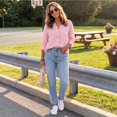 thumbnail image 5 of longantii Linen Shirts for Women Fashion Half Sleeve V-Neck Tops Classic Fit Solid Color Pullover Button Up Vacation Daily Wear for Spring Summer Pink M, 5 of 6