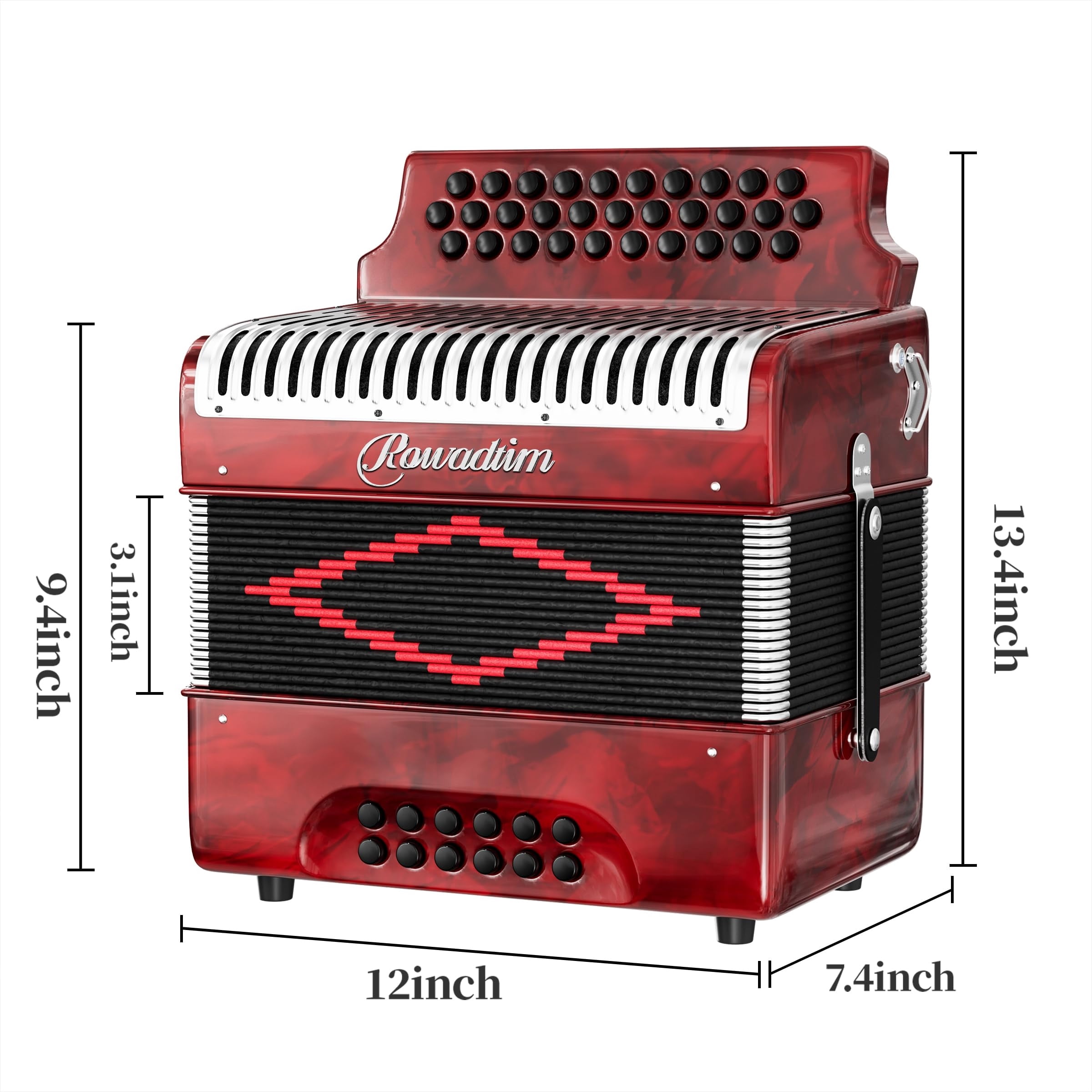 Rowadtim 31 Key Diatonic Accordions, 12 Bass Buttons (G/C/F Tuning) Suitable for Beginners, Adults, Performances and Teachers; Comes with  Case, Adjustable Strap, Gloves and Polishing Cloth (Red)