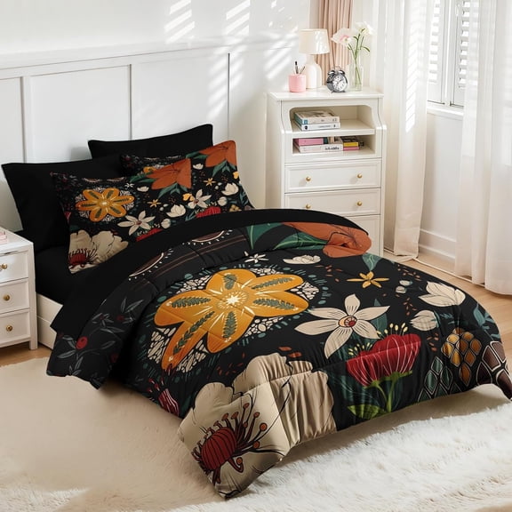 Comforter Set Queen Size, Colorful Boho Floral 7 Pcs Bedding for Kids and Adults