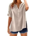 thumbnail image 3 of Women's Dressy Casual Tops Solid Color Business Work Shirts Short Sleeve Button Down V-Neck Fashion Blouses, 3 of 8