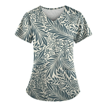 

TKing Fashion Independence Day Women Plus Size Scrubs Top V-Neck Short Sleeve Printed Pockets Work Blouse for Women Light Blue S