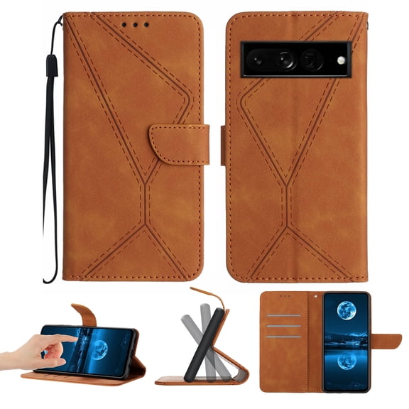 Wallet Case For Google Pixel 7 Pro, RFID Blocking Magnetic Flip Case with Card Slots Holder Kickstand Wrist Strap, PU Leather Folio Shockproof Protective Cover For Google Pixel 7 Pro, Brown