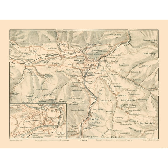 Historic Map - Ischl Austria - Baedeker 1910 - 30.02 x 23 - Vintage Wall Art