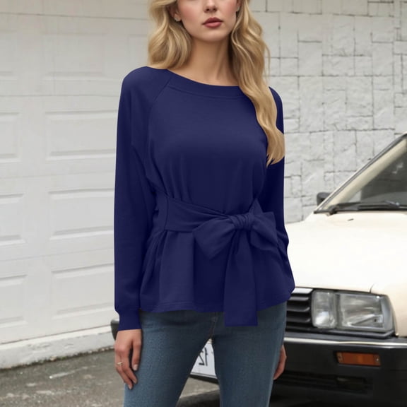 DAFPZW Women's Long Sleeves Shirt Tops Casual 2025 Fall Fashion Crewneck Tie Knot Sweatshirt Pullover