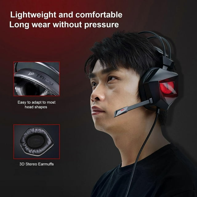 TAIOU USB Wired Gaming Headset Virtual 7.1 Surround Sound Headphones E-Sports Earphone with Microphone Red Breathing LED Light for PC Laptop