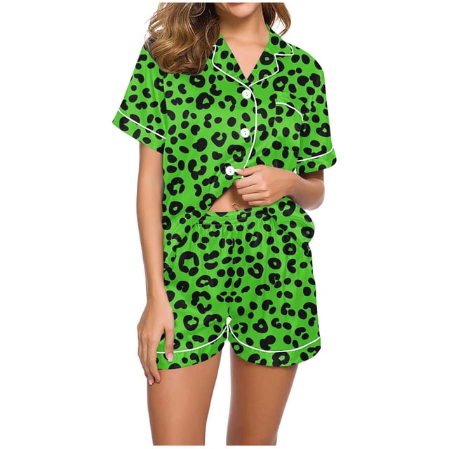 Tnhcen Ensemble de Pyjama Aguichant à Imprimé Léopard pour Femmes, Manches Courtes, Col en V, 2 Pcs, P-2TG