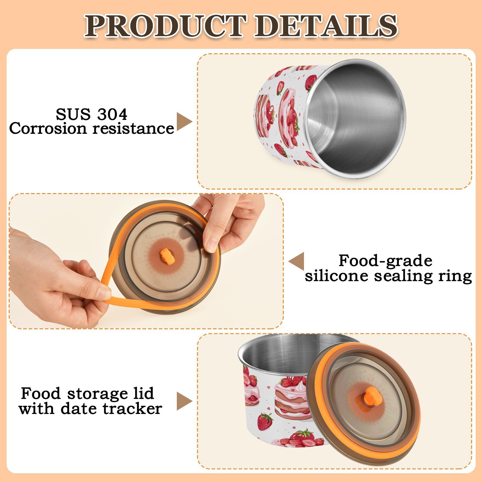 Strawberry Cake Hearts Airtight Coffee Bean Canister 30oz Food Storage Containers with Lids For Gournd, Tea, Sugar, Flour, Rice, Cereal, Candy Cookie Jar