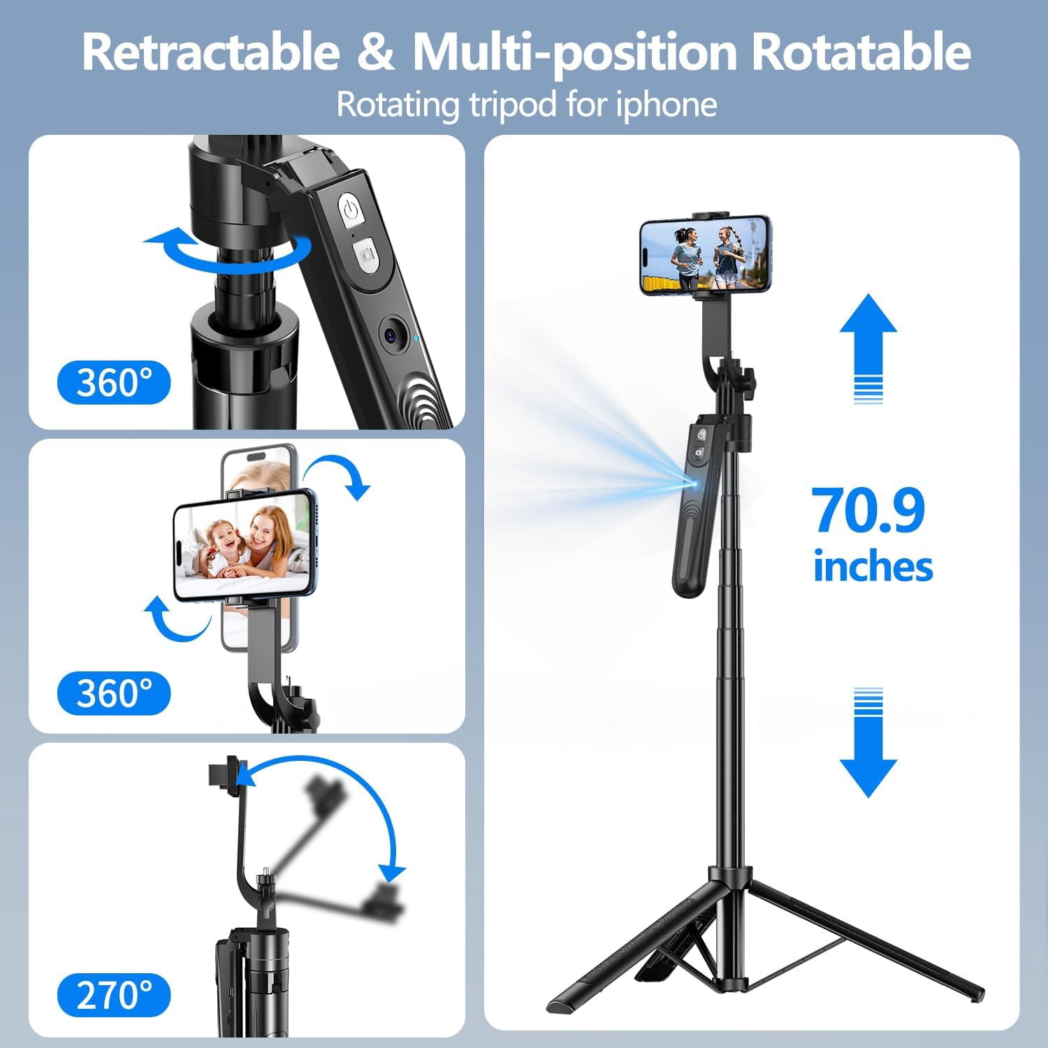 NEOYFC  Face Tracking Tripod 360° Rotation with Stand, 70.9" Motion Sensor Phone Tripod Stand, No App, Gesture Control, Smart Face Body Auto Tracking Selfie Stick Tripods for Video Record/