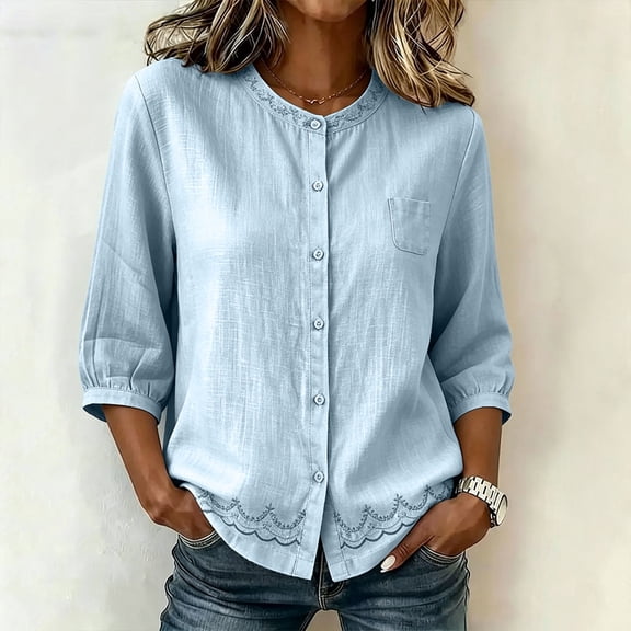 Ayolanni Scoop Neck Summer Women Blouses Cotton Linen Button Down Solid 3/4 Sleeve Blouse Textured Pockets Oversized Tees Summer Tops Blue L