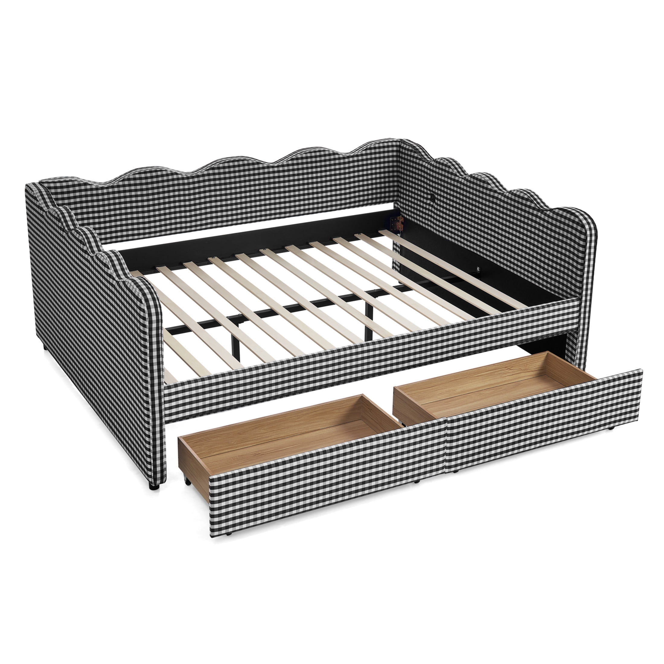 Noble House Corlan Queen Size Waved Daybed, Cozy Gingham Linen Sofa Bed with Storage Drawers and Charging Port, Black