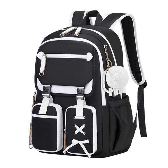 FUZHIQ School Backpack for 4th 5th 6th 7th Grade, Bow Decor Bookbag with Plush Ball Pendant & Multi Pockets, Lace-up Detail Elementary Middle School Backpack, Black