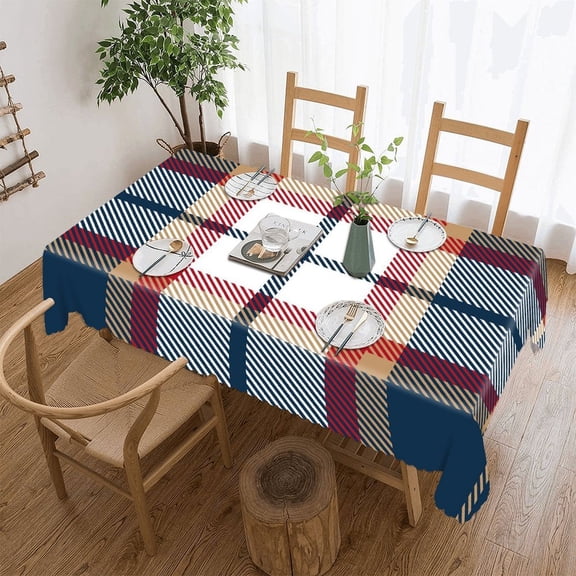 Blue Red And Beige Tartan Plaid Rectangular Tablecloth 55"x70" with Lace Edge, Washable Durable Table Cover for Dining, Indoor Outdoor Home Restaurant Decor