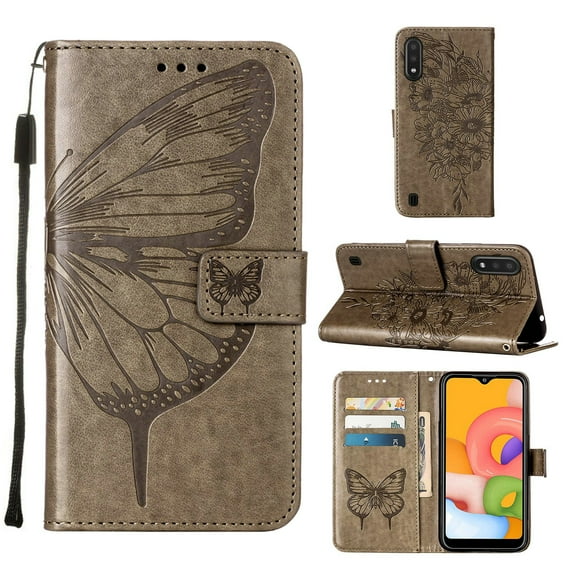 Galaxy A01 Wallet Case, Embossed Butterfly PU Leather Credit Card Holder Slots Full Body Protection Kickstand Flip Folio Shockproof TPU Phone Cover for Samsung Galaxy A01,Gray