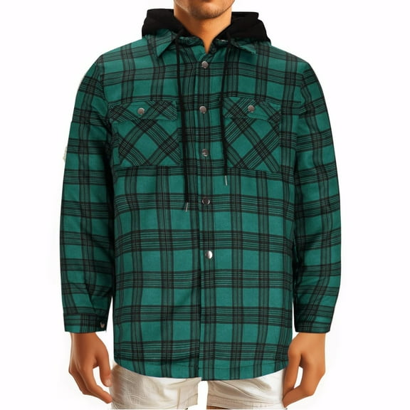 Penkiiy Quilted Lined Flannel Shirt Jacket for Men Hooded Button Down Pocket Long Sleeve Shirt Patchwork Flannel Shirt for Men 4XL Green