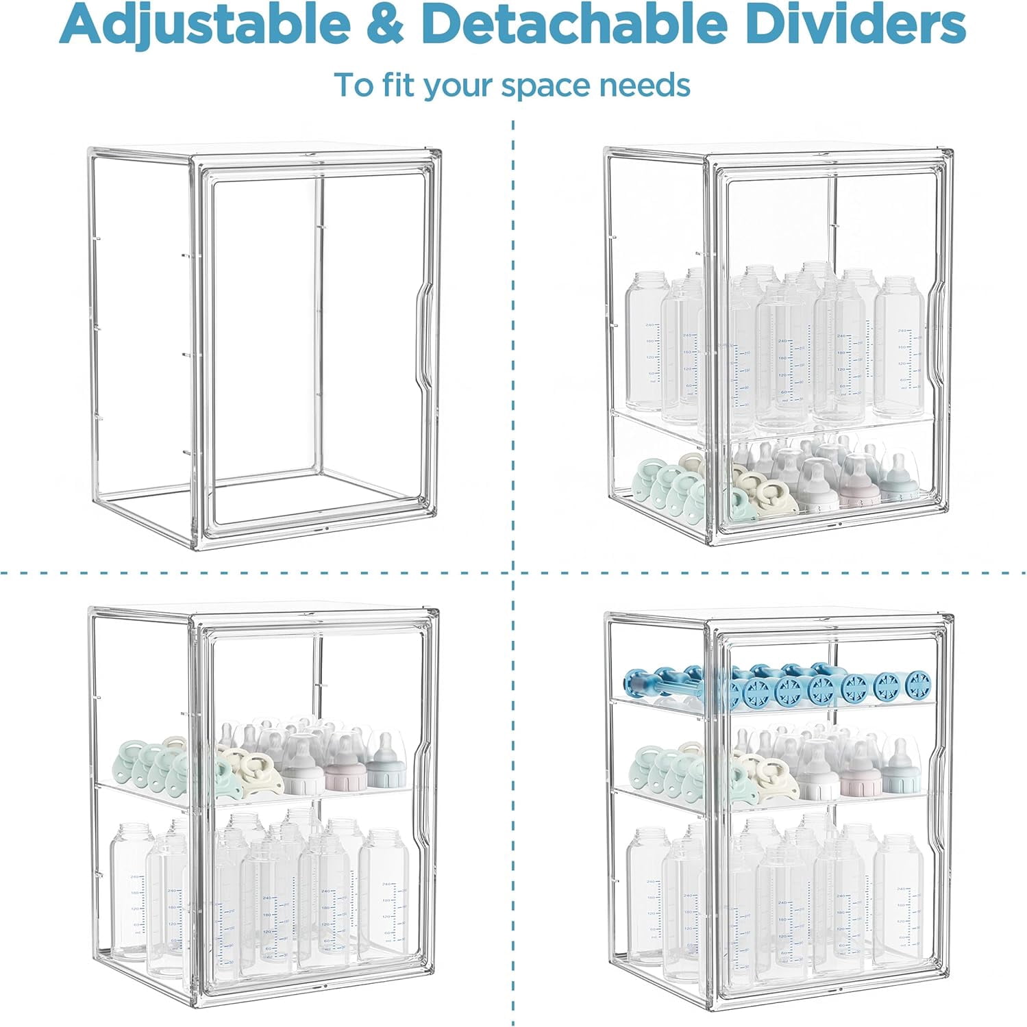 8.66*10.63*14.17in Baby Bottle Organizer,3-Tier Adjustable Clear Acrylic Storage Station Case Box Container with 2 Removable Dividers and Magnetic Door for Nipples Pump Parts Food Jars