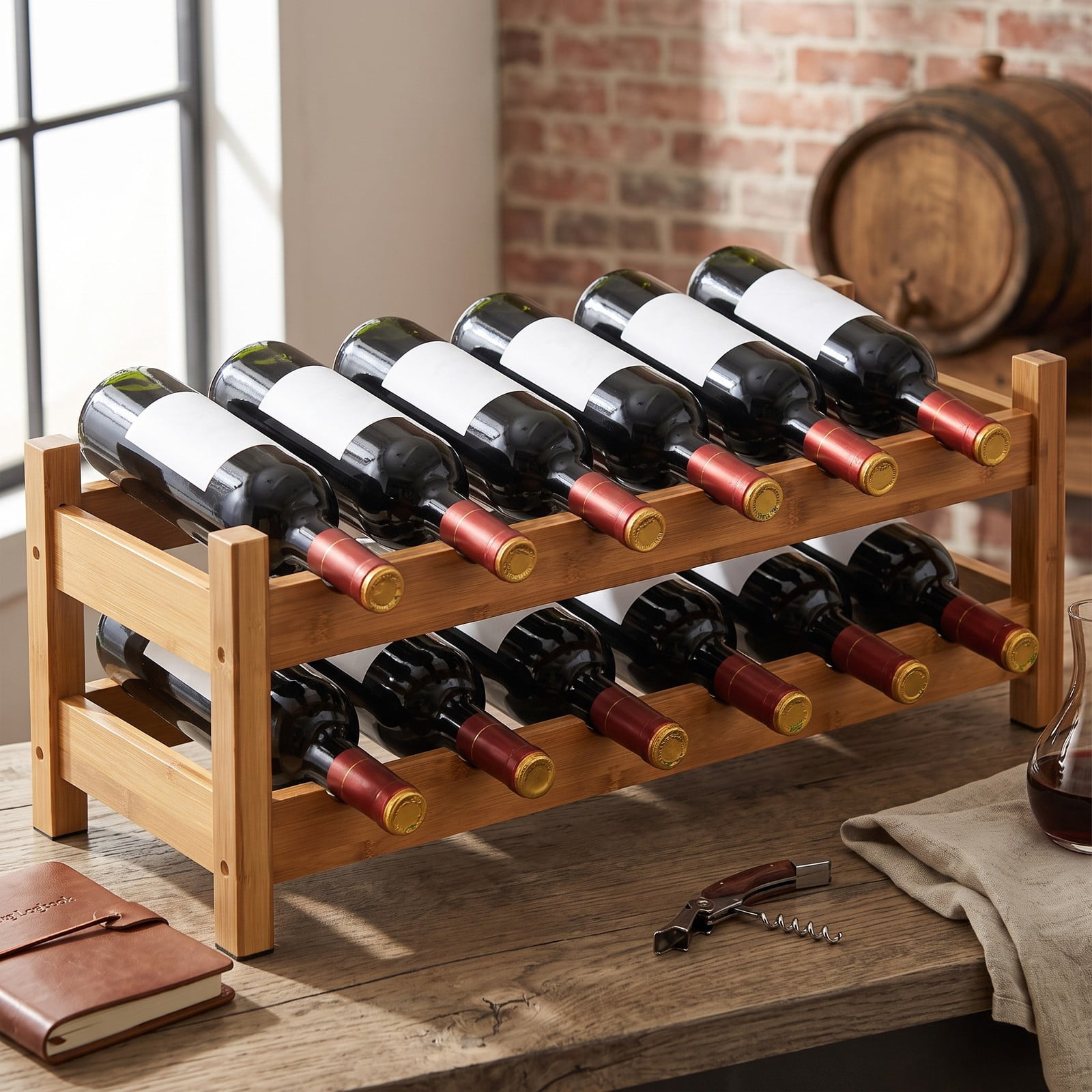 RUIE 2-Tier Bamboo Wine Rack, 12-Bottle Countertop Storage Shelf Holder for Kitchen Pantry Wine Cellar Bar, Space-Saving Freestanding Wooden Display Organizer, Natural