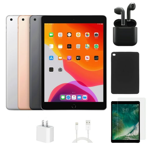 Pre-Owned Apple iPad 7th Gen A2200 (WiFi Cellular Unlocked) 32GB Silver Bundle with Case, Wireless Earbuds, Tempered Glass Screen Protector
