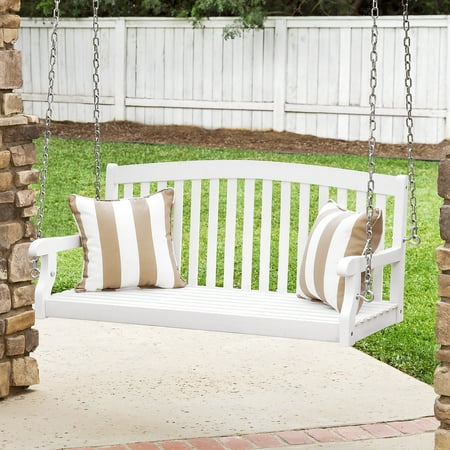Best Choice Products 48in 3 Seater Wooden Curved Back Hanging Porch Swing Bench Conversation Furniture W Metal Chains For Backyard Front Yard