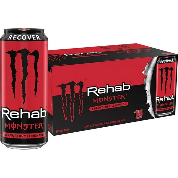 Monster Rehab Strawberry Lemonade Energy, Energy Drink, 15.5 Ounce (Pack Of 15)