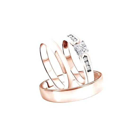 White Natural Diamond Engagement & Wedding Trio Band Ring Set In 10k Rose Gold (0.5 Cttw)