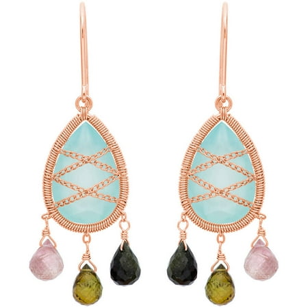 5th & Main Rose Gold over Sterling Silver Hand-Wrapped Teardrop Chandelier Chalcedony and Multicolor Earrings